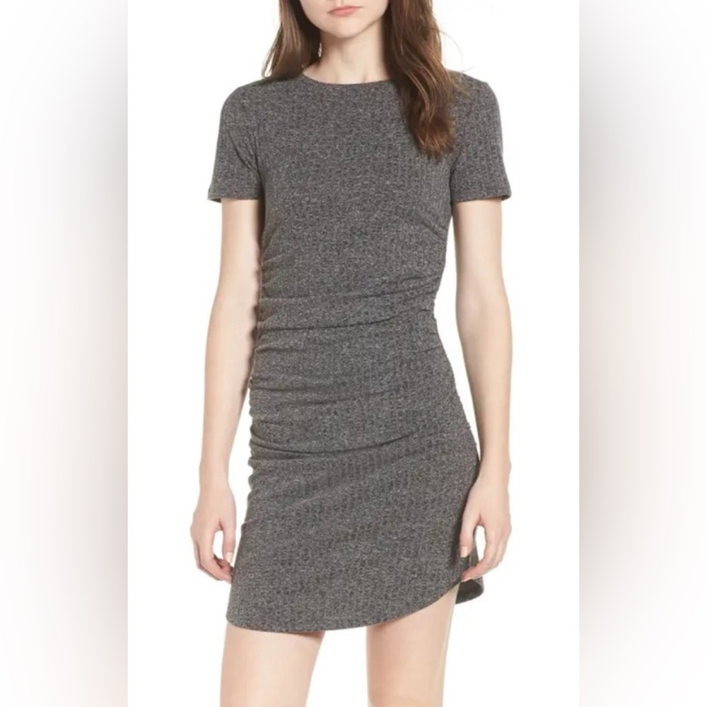 BP. Nordstrom Gray Short Sleeve Ruched Ribbed Tee Shirt Mini Dress M Medium